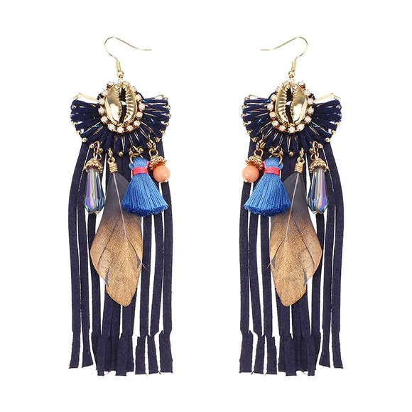 Women Bohemian Earrings Luxury Gold Plated Suede Tassel Pendant Elegant Feather Ear Drop Boho Gift