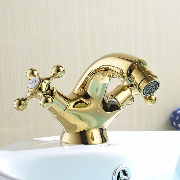 WANFAN WF-7313K Home Bathroom Bidet Gold Dual Rotating Handles Hot and Cold Water Basin Faucet