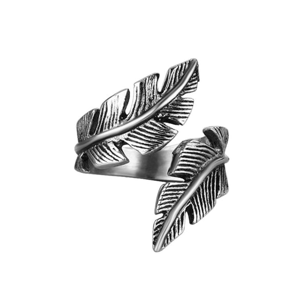 Fashion Stainless Steel Men Ring Feather Shape Adjustable Finger Ring Wholesale for Men