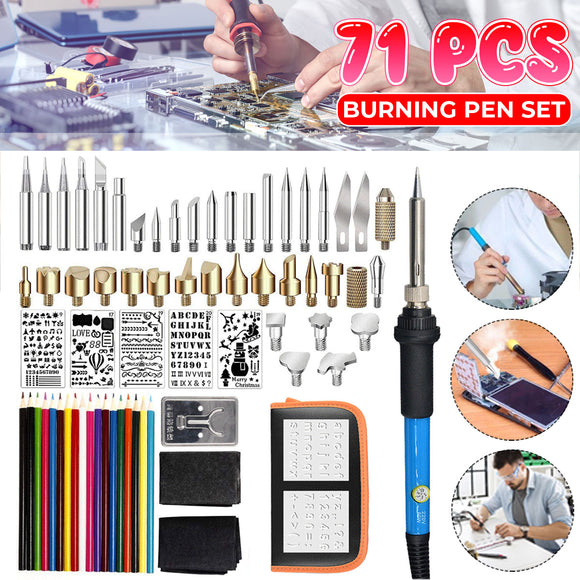 71Pcs 110V 220V 60W Wood Burning Pen Set Stencil Soldering Tips Tools Pyrography Kit