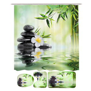 Bamboo Printing Waterproof Bathroom Shower Curtain Toilet Cover Mat Non-slip Carpet