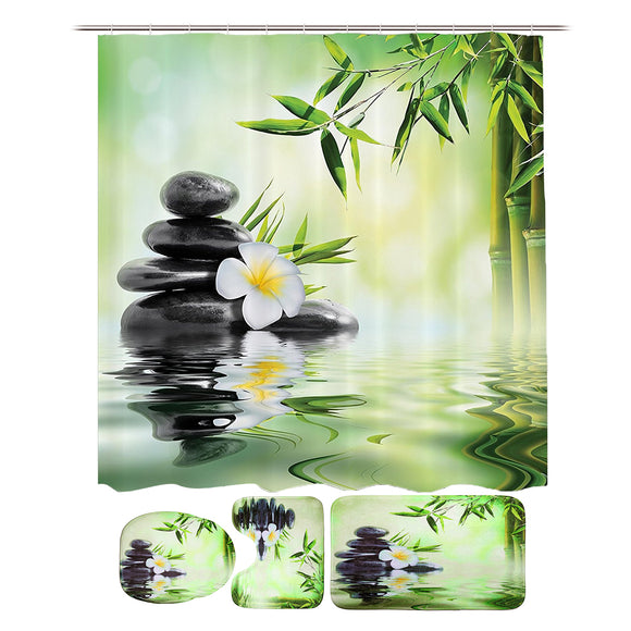 Bamboo Printing Waterproof Bathroom Shower Curtain Toilet Cover Mat Non-slip Carpet