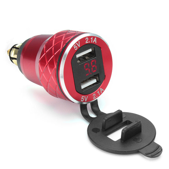 12V-24V  4.2A Voltmeter Red Motorcycle Dual USB Charger DIN Socket For BMW Motorbike