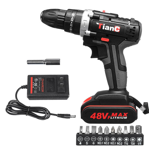 48V Cordless Electric Impact Drill Rechargeable Drill Screwdriver W/ 1 or 2 Li-ion Battery