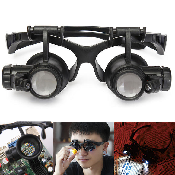 LED Light Magnifier Loupe Glasses 10X 20X 25X 15X Binocular Lens Magnify Repair