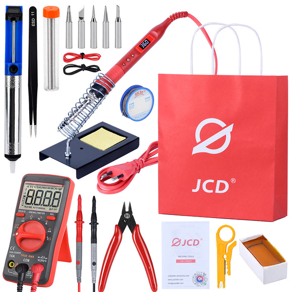 JCD 908U Electric Soldering Iron Tool Kits 100W 220V/110V LCD Lighting Soldeing Station Adjustable Temperature Digital 8000 Counts Auto Range Multimeter with Plier Solder Holder