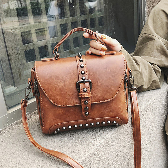 Women Leather Vintage Handbag Rivet Solid Casual Crossbody Bag