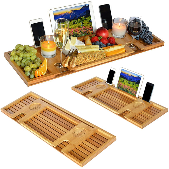 Bamboo Bathtub Caddy Tray with Reading Rack/Tablet Holder/Cellphone Tray/Wine Glass Holder