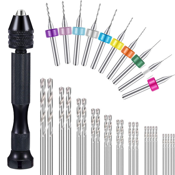 Drillpro 36 Pieces Hand Drill Set Include Pin Vise Hand Drill Mini Drills and 0.5-3.0mm HSS Drills and 0.3-1.2mm PCB Drill for Craft Carving DIY