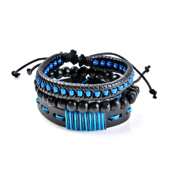 Blue Punk Woven Leather Chain Multilayer Beaded Bracelet Wholesale for Women Men