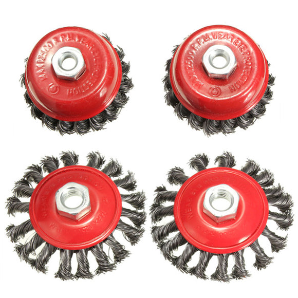 4pcs Twisted Steel Wire Wire Semi Flat Brush Wire Cup Brush Set With Nut Kit For Angle Grinder