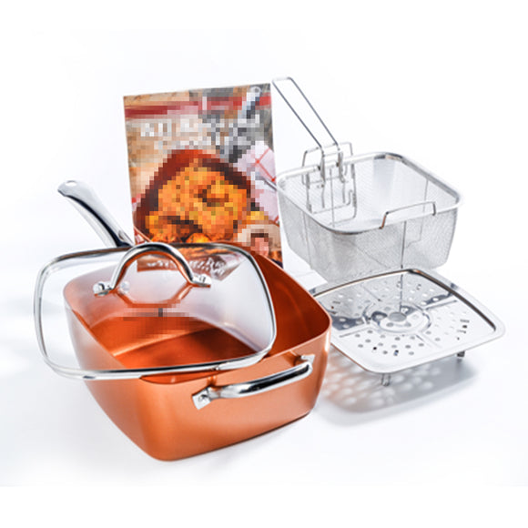 4 Piece/ Set Copper Square Frying Pan Induction For Chef Glass Lid Fry Basket Steam Rack