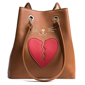 Women PU Leather Cute Cat Shape Handbag Heartbroken Kitty Shoulder Bag