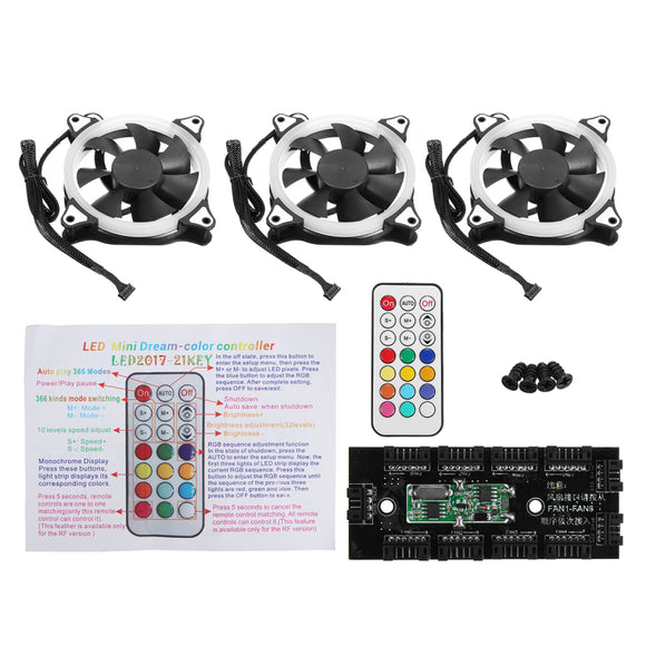 3pcs 12V 120mm RGB LED Fan CPU Coolers Radiators PC Cooling Fan for Computer Cases With IR Remote