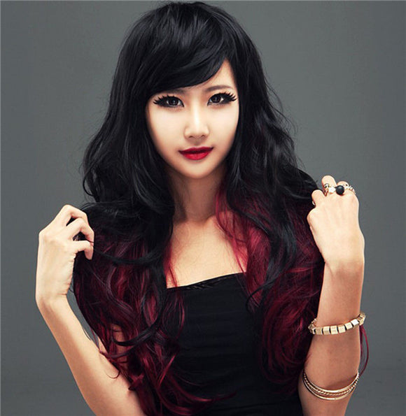 Black Red Women Full Long Curly Wavy Hair Wig Cosplay Party Wigs