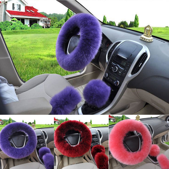 3Pcs 38cm Wool Car Steering Wheel Covers Winter Warm Cushion Universal