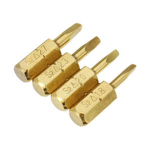 Broppe 4pcs 25mm 1.8-2.7mm Triangle Shaped Screwdriver Bits 1/4 Inch Hex Shank Electroplating Bronze
