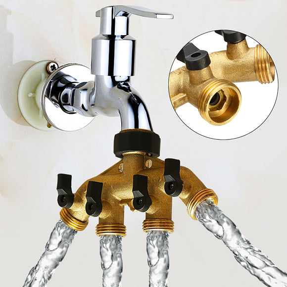3/4 Inch 4 Way Brass Hose Faucet Manifold Water Segregator Garden Tap Connector Splitter Switcher Control Shut Off Valve