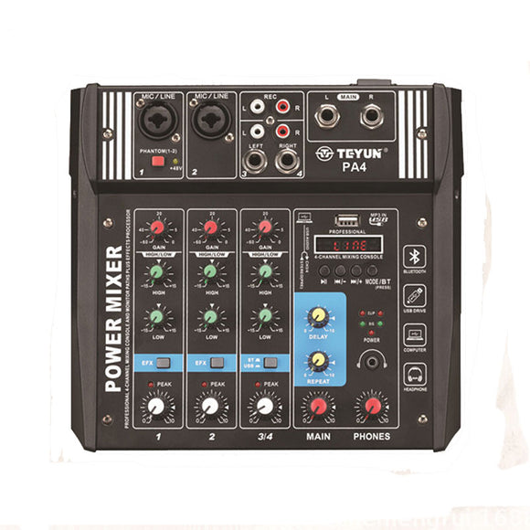 TEYUN PA4 4 Channel Audio Mixer Mixing Console with Built-in 2x100W Amplifier for DJ KTV Karaoke Stage