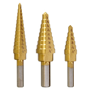 Drillpro 3Pcs HSS Round Shank Titanium Coated Quick Change Step Drill Bits 3/16-1/2 1/8-1/2 1/4-3/4 Inch