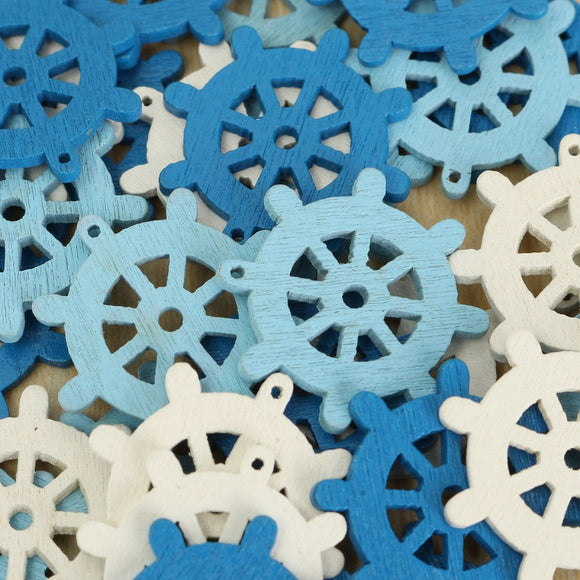 50 Pcs Wooden Mini Sea Rudder Scrapbooking Handicraft Mediterranean Home Decorations White Blue