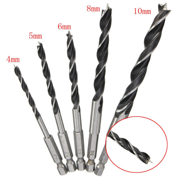 5pcs 4-10mm Hex Shank Wood Working Auger Drill Bit Four Slot Four Blade Bore Hole Twist Drill