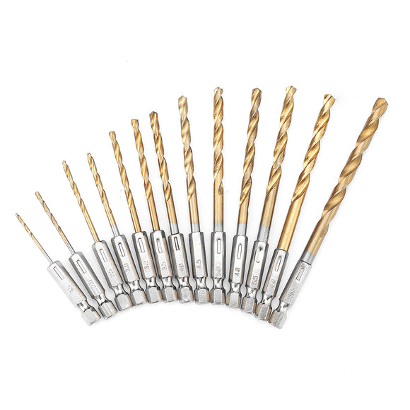 13Pcs HSS Drill Bit Titanium Coated Twist Drill Bits Hex Shank 1.5-6.5mm High Speed Steel Drill Bit Set