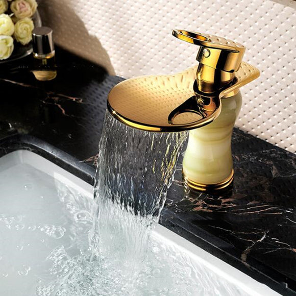 European Golden Mirror Bathroom Basin Waterfall Spout Faucet Cold & Hot Mixer Tap Single Handle Copper Deck Mount