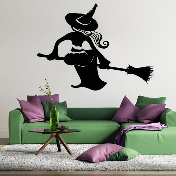 Creative Witch Broom Sticker Removable Halloween Decor Black DIY Wall Sticker Poster Wallpapers