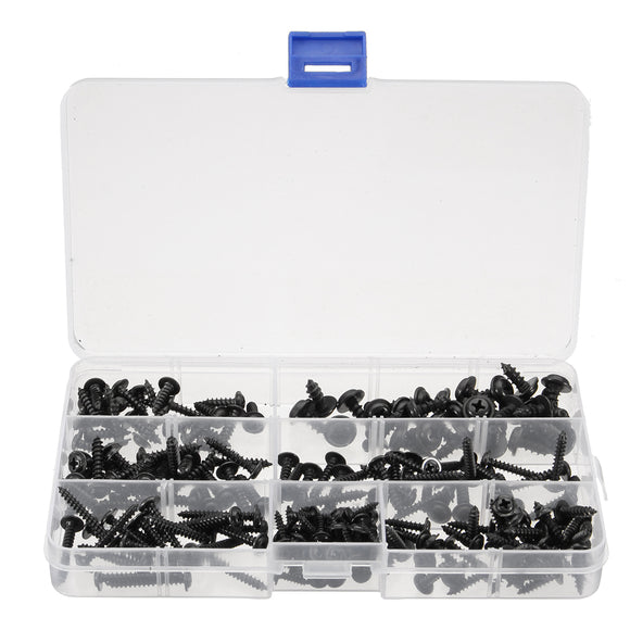 210Pcs Carbon Steel Phillips Wafer Head Flange Self Tapping Screw Black Assortment Kit