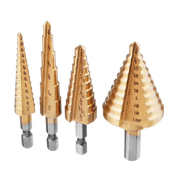 Drillpro 4Pcs High Speed Steel Titanium Coated Step Drill Bit 1/4 Hex Shank HSS Step Drill