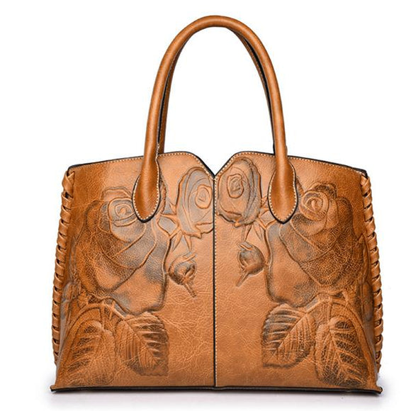 Women Retro PU Leather Handbag Embossed Peony Chinese Style Large Capacity Crossbody Bag