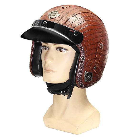 3/4 Face Mask PU Leather Motorcycle Helmet M/ L/ XL Visor Alligator skin Pattern