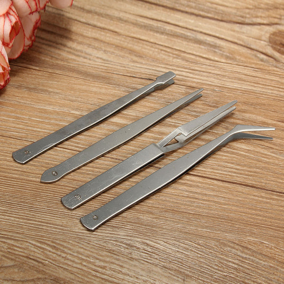 4pcs Stainless Steel Tweezers Silver Straight Elbow Tweezers Clip