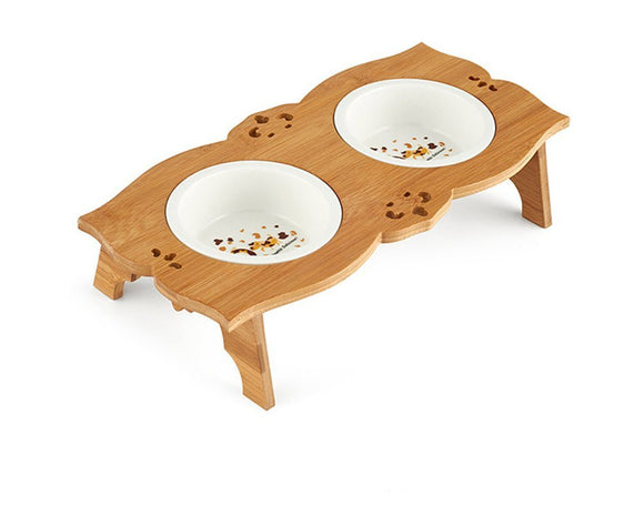 Ceramic/Stainless Steel Pet Bowl with Bamboo Stand for Food and Water Bowls Pet Feeders Double Bowls