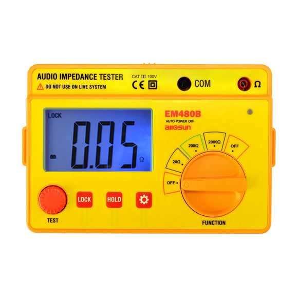 ALL SUN EM480B Audio Impedance Tester Portable Insulation CATIII Test Ranges 20/200/2000 Resistance Meter 1KHz Timer Function Data Hold