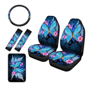 1/6 PCS Car Seat Covers Full Set Butterfly Leather Universal Steering Wheel Cover