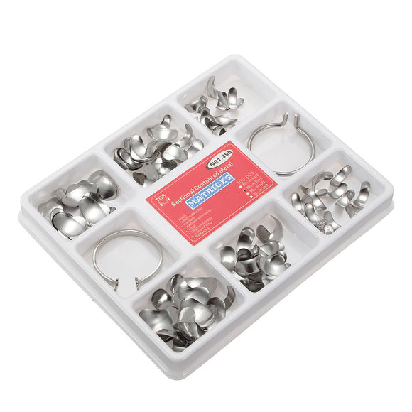 100pcs Dental Tools Dental Matrix Sectional Contoured Metal Matrices Full Kit No.1.398 With 2 Rings
