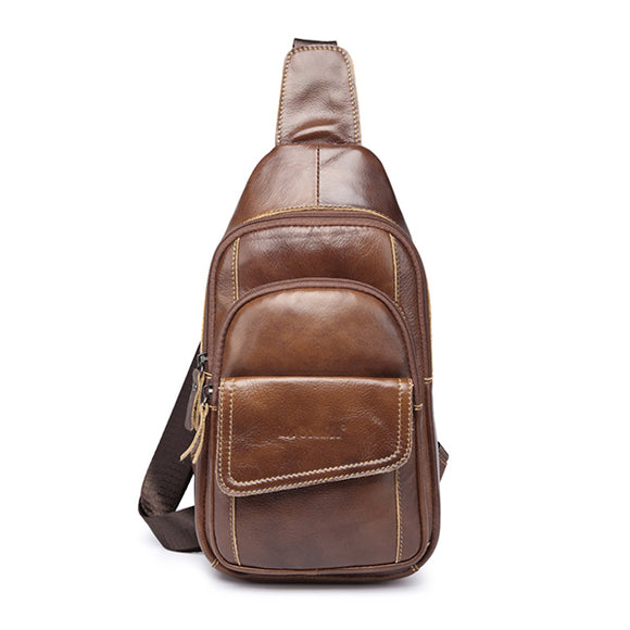 Men Cowhide Genuine Leather Chest Bag Leisure Crossbody Bag Vintage Shoulder Bag