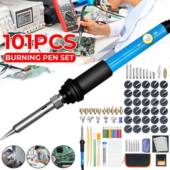 101Pcs 110V/220V 60W Electric Adjustable 200-450C Pyrography Soldering Iron Tools for Wood Working Burning Pen Tip Kit