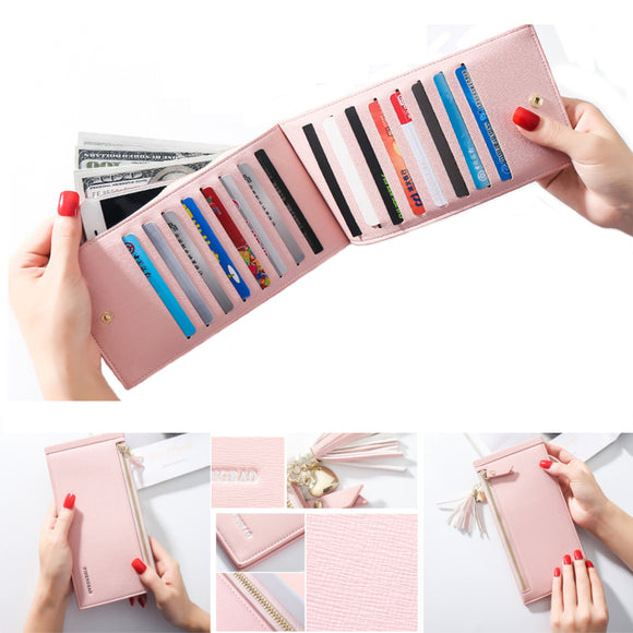 Women PU Leather Multi Card Organizer Wallet Tassel Ladies Purse with Zipper Pocket