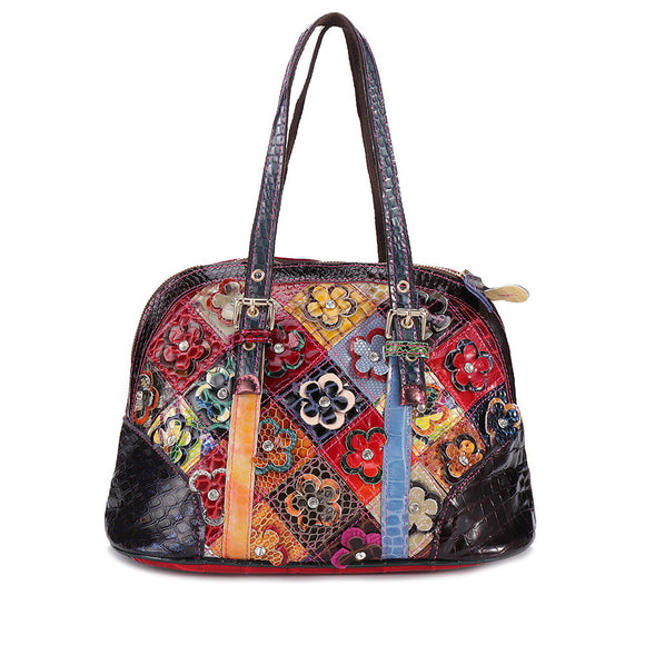 Women Floral Bohemian Genuine Leather Handbag Shell Large Capacity Crossbody Bags