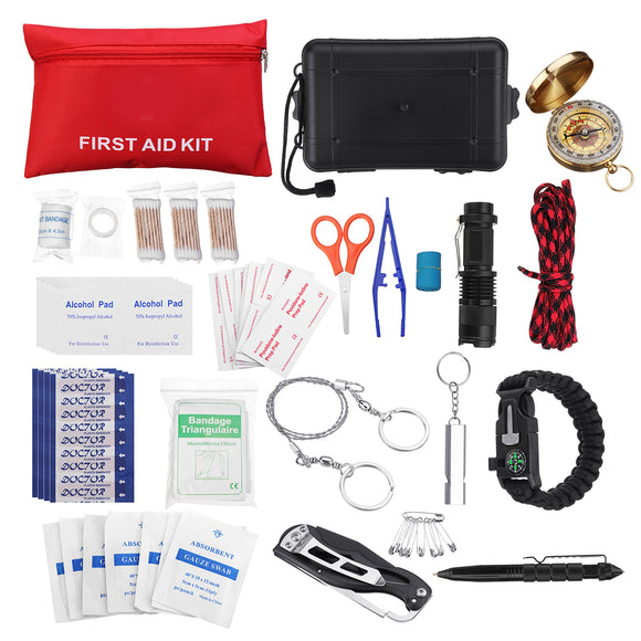 197Pcs SOS Emergency Camping Survival First Aid Kit Flashlight Bracelet Whistle