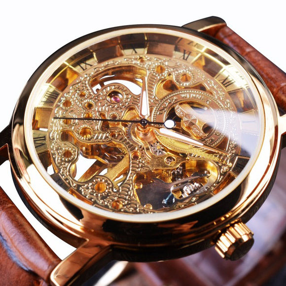 WIN358-5 Business Style Men Watch Transparent Golden Case Self-Wind Mechanical Watch