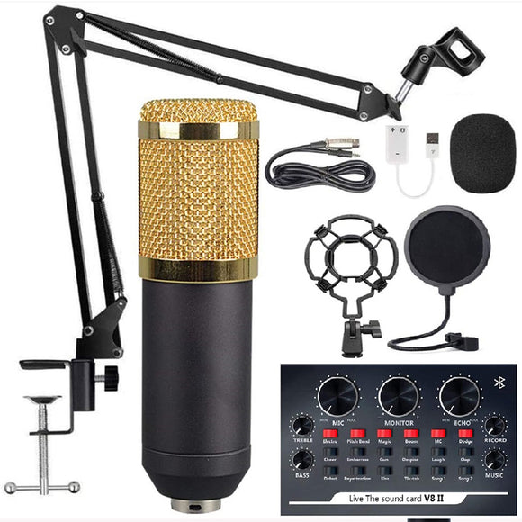 BM-800 Live Broadcast Sound Card Kit with Studio Condenser Microphone Arm Stand for Streaming Broadcasting and Singing Recording