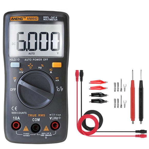 ANENG AN8002 Black Digital True RMS 6000 Counts Multimeter AC/DC Current Voltage Frequency Resistance Temperature Tester / + Test Lead Set