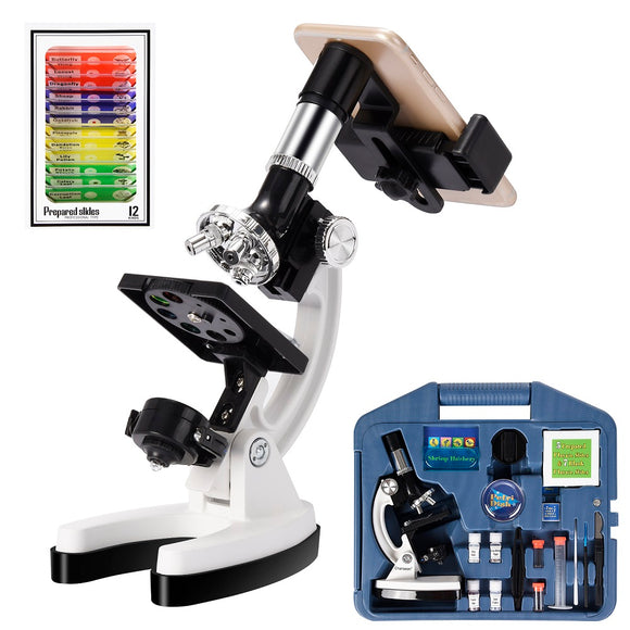 100X-1200X Kids Beginner Biological Microscope Metal Body with Phone Holder Adapter Plastic Slides and Carrying Box
