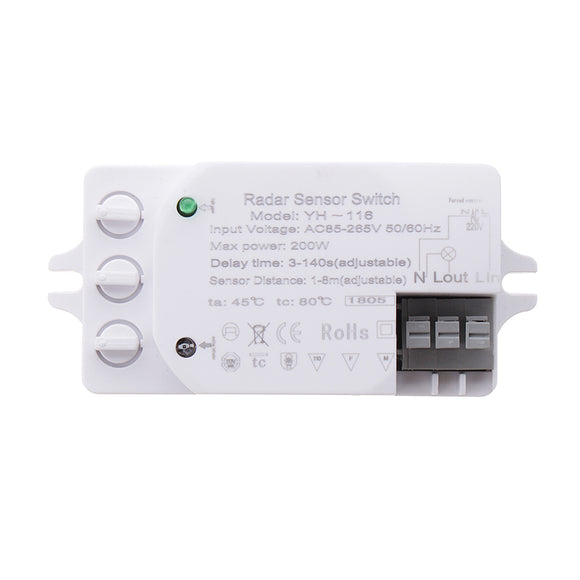 200W Adjustable Microwave Radar Sensor Light Switch Detector for Panel Fluorescent Lamps AC85-265V