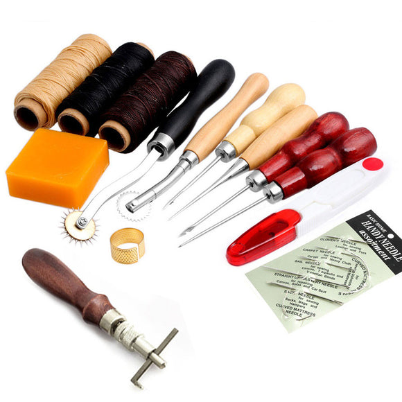 14Pcs Leather Craft Hand Stitching Sewing Tool Thread Awl Waxed Thimble Kit Hand Tools