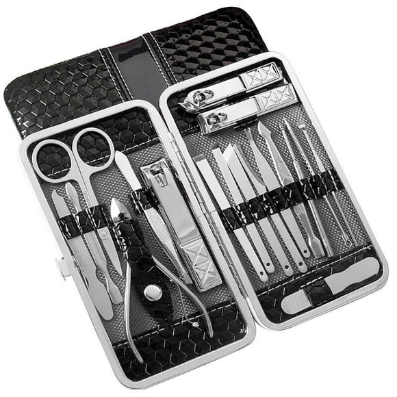 Y.F.M 18pcs Stainless Steel Nail Clippers Set Blackhead Extractor Tweezers Scissors Manicure Tools